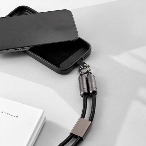 black Cable y correa para móvil 2 en 1 Marconi de rPET. USB-C a USB-C. Carga rápida de 60 W