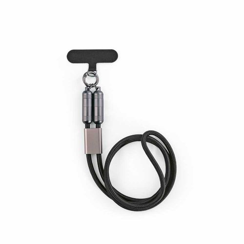 black Cable y correa para móvil 2 en 1 Marconi de rPET. USB-C a USB-C. Carga rápida de 60 W