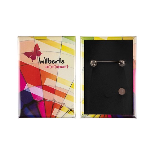 Bouton en métal personnalisé 78x53mm dos rectangulaire avec picots verticaux