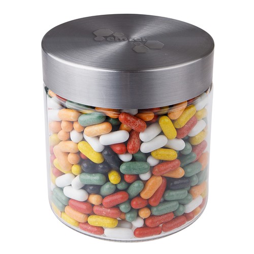 Glazen pot 0,9 liter met embossing, gevuld met snoep