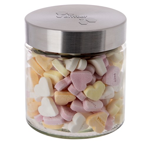 Glazen pot 0,9 liter met embossing, gevuld met snoep