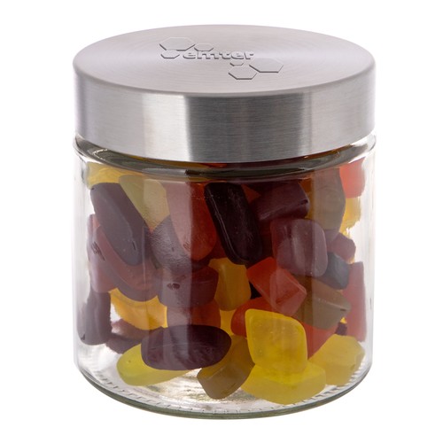Glazen pot 0,9 liter met embossing, gevuld met snoep
