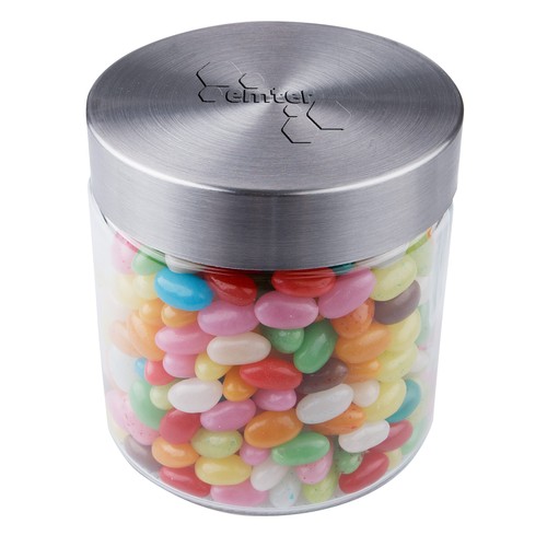 Glazen pot 0,9 liter met embossing, gevuld met snoep