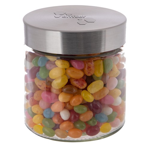 Glazen pot 0,9 liter met embossing, gevuld met snoep