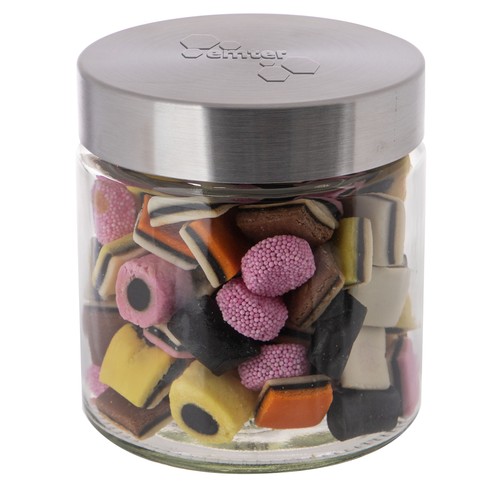 Glazen pot 0,9 liter met embossing, gevuld met snoep