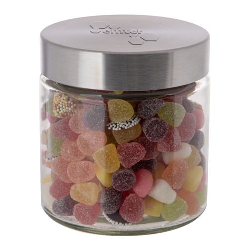 Glazen pot 0,9 liter met embossing, gevuld met snoep