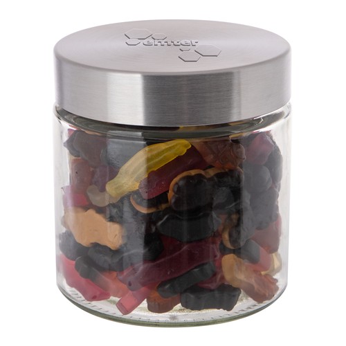 Glazen pot 0,9 liter met embossing, gevuld met snoep