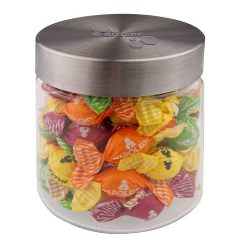 Glazen pot 0,9 liter met embossing, gevuld met snoep