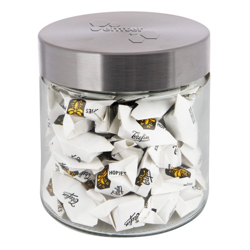 Glazen pot 0,9 liter met embossing, gevuld met snoep