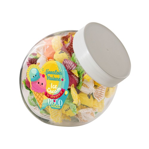 Medium glazen pot, gevuld met snoep