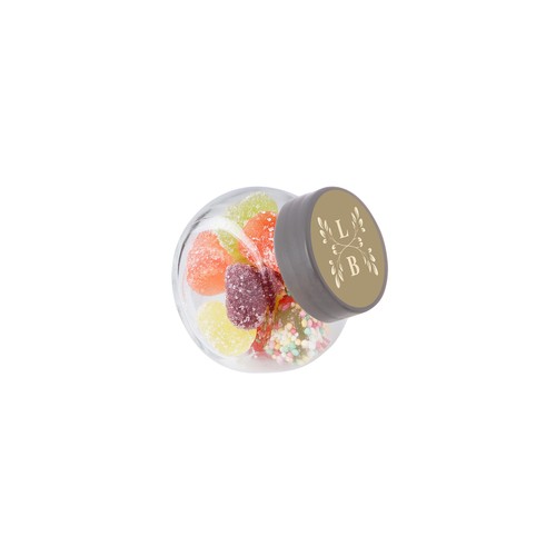 Micro glazen potje 50 ml, gevuld met snoep