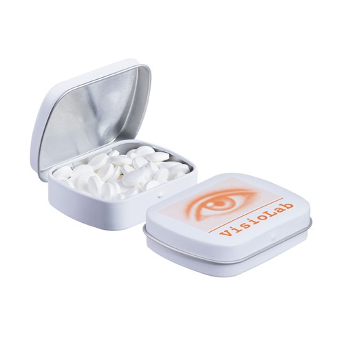 Mini hinged tin filled with peppermint