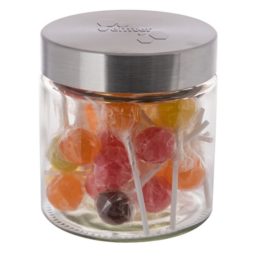 Glazen pot 0,9 liter met embossing, gevuld met snoep