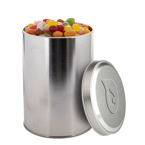Groot blik met embossing en gevuld met snoep