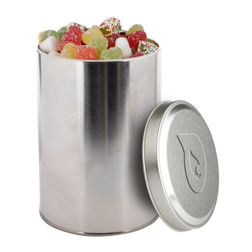 Groot blik met embossing en gevuld met snoep