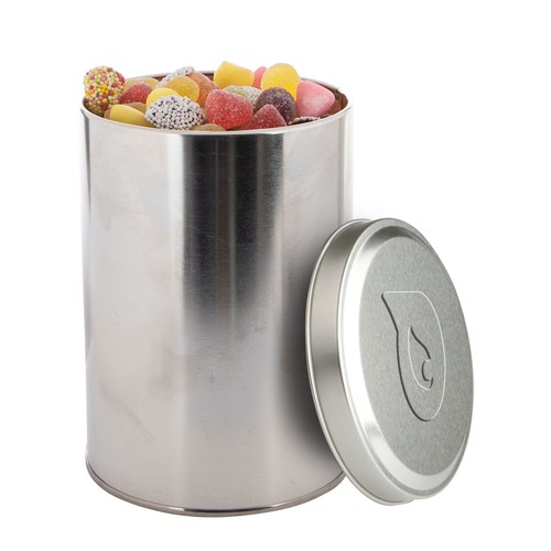 Groot blik met embossing en gevuld met snoep