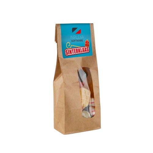 Kraft zakje met venster gevuld met snoep