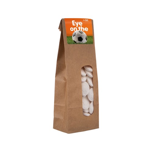 Kraft zakje met venster gevuld met snoep