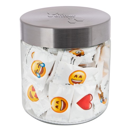 Glazen pot 0,9 liter met embossing, gevuld met snoep
