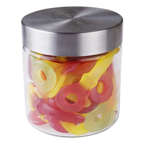 Glazen pot 0,9 liter met embossing, gevuld met snoep