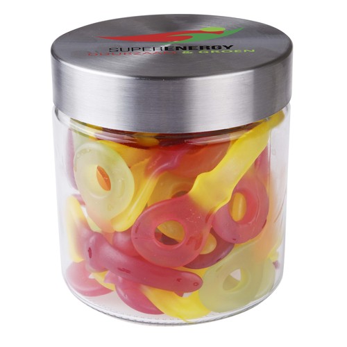 Glazen pot 0,9 liter, gevuld met snoep