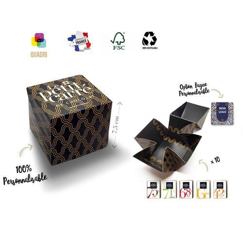 Cube personnalisé 10 carrés de chocolat avec bagues personnalisées