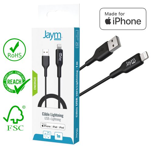 CABLE CHARGE  USB-A VERS LIGHTNING MFI - LONGUEUR 1M - NOIR - - 2