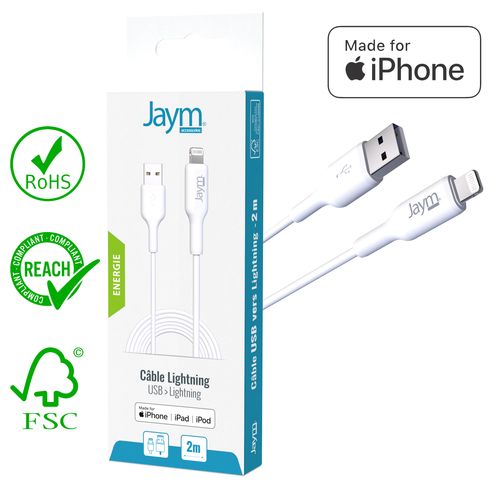 CABLE CHARGE  USB-A VERS LIGHTNING MFI - LONGUEUR 2M - BLANC - - 2