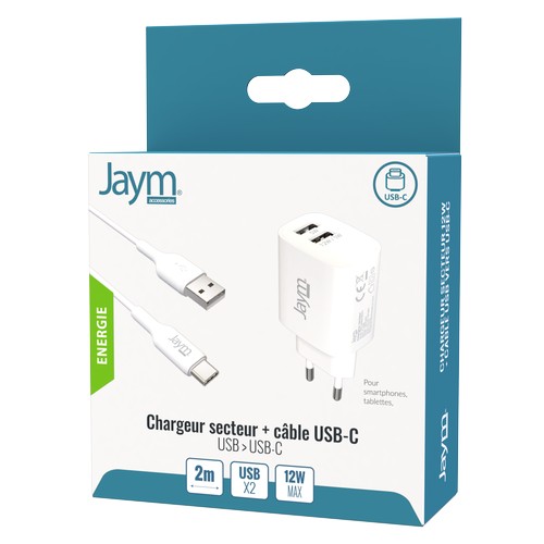CHARGEUR SECTEUR 2 USB-A 12W + CABLE USB-A VERS USB-C 2M BLANCS - JAYM® - 2