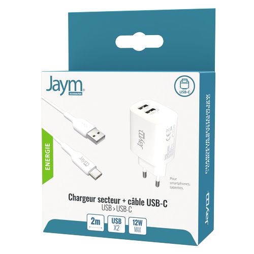 CHARGEUR SECTEUR 2 USB-A 12W + CABLE USB-A VERS USB-C 2M BLANCS - JAYM® - 2