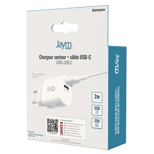 CHARGEUR SECTEUR 2 USB-A 12W + CABLE USB-A VERS USB-C 2M BLANCS - JAYM® - 6