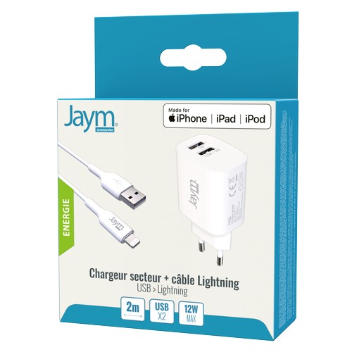 CHARGEUR SECTEUR 2 USB-A 12W + CABLE USB-A VERS LIGHTNING MFI 2M BLANCS - JAYM® - 2