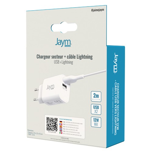 CHARGEUR SECTEUR 2 USB-A 12W + CABLE USB-A VERS LIGHTNING MFI 2M BLANCS - JAYM® - 6