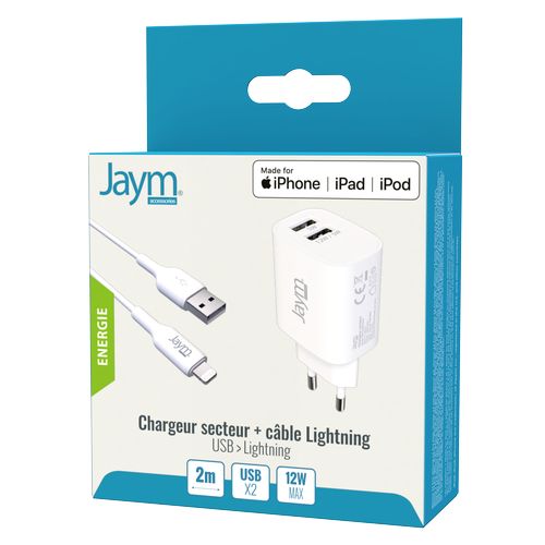 CHARGEUR SECTEUR 2 USB-A 12W + CABLE USB-A VERS LIGHTNING MFI 2M BLANCS - JAYM® - 2