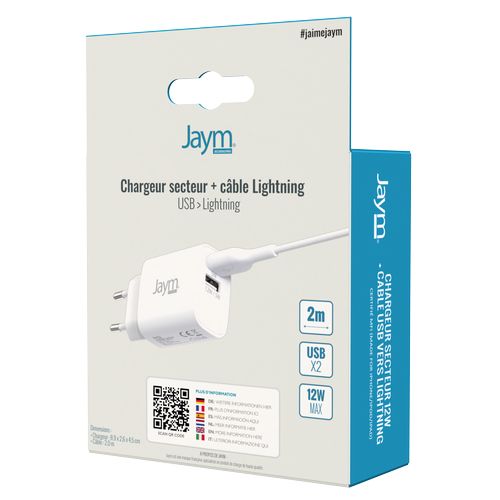 CHARGEUR SECTEUR 2 USB-A 12W + CABLE USB-A VERS LIGHTNING MFI 2M BLANCS - JAYM® - 6