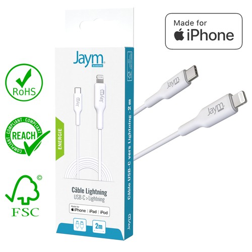 CABLE CHARGE USB-C VERS LIGHTNING MFI PD 3.0 (30W) - LONGUEUR 2M - BLANC - - 2
