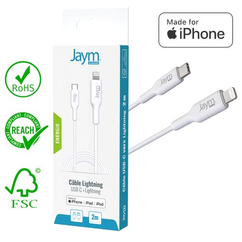 CABLE CHARGE  USB-C VERS LIGHTNING MFI PD 3.0 (30W) - LONGUEUR 2M - BLANC - - 2