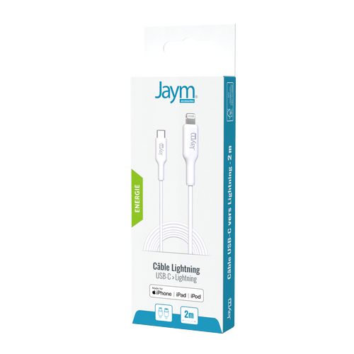CABLE CHARGE  USB-C VERS LIGHTNING MFI PD 3.0 (30W) - LONGUEUR 2M - BLANC - - 5