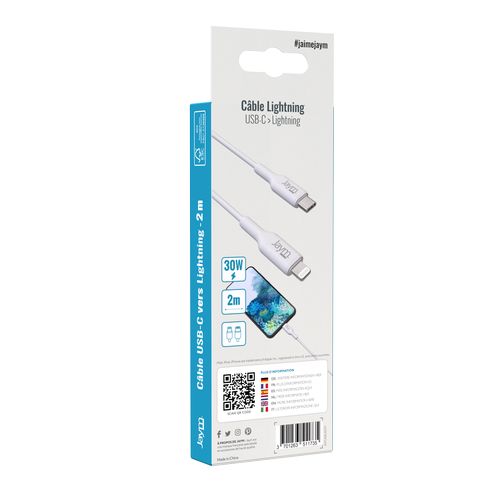 CABLE CHARGE  USB-C VERS LIGHTNING MFI PD 3.0 (30W) - LONGUEUR 2M - BLANC - - 6