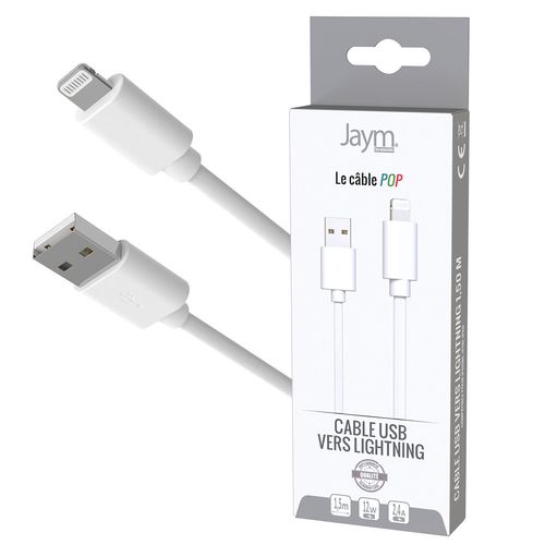 CABLE CHARGE  USB-A VERS LIGHTNING - LONGUEUR 1.5M - BLANC - - 4