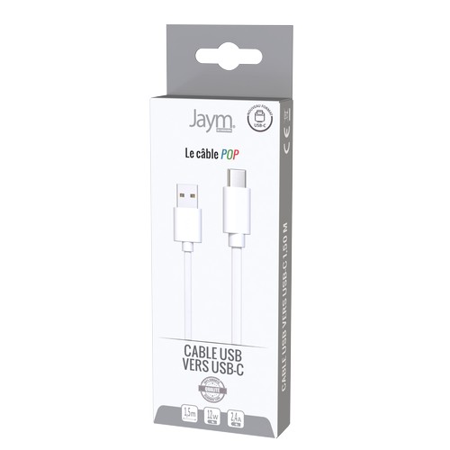 CABLE CHARGE USB-A VERS USB-C - LONGUEUR 1.5M - BLANC - - 3