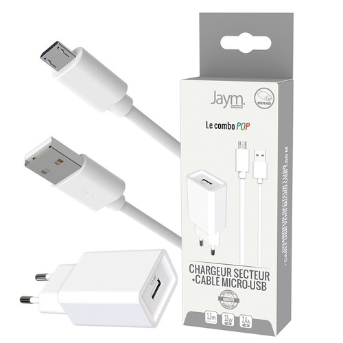 CHARGEUR SECTEUR USB-A + CABLE USB-A VERS MICRO-USB 1.5M - BLANCS - 1