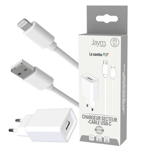 CHARGEUR SECTEUR USB-A + CABLE USB-A VERS LIGHTNING 1.5M - BLANCS - 4