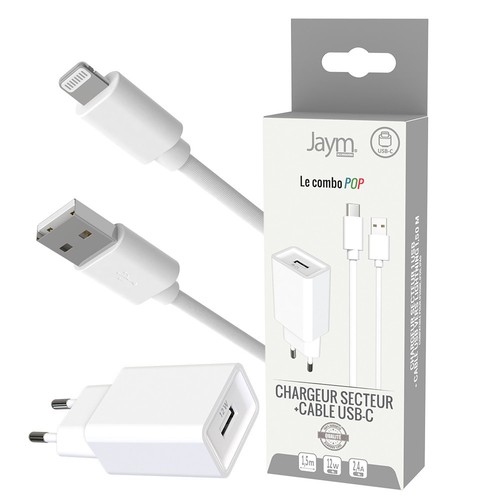 CHARGEUR SECTEUR USB-A + CABLE USB-A VERS LIGHTNING 1.5M - BLANCS - 1