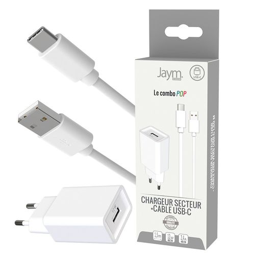CHARGEUR SECTEUR USB-A + CABLE USB-A VERS USB-C 1.5M - BLANCS - JAYM® POP - 1