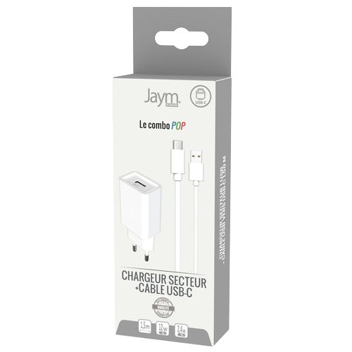 CHARGEUR SECTEUR USB-A + CABLE USB-A VERS USB-C 1.5M - BLANCS - JAYM® POP - 6