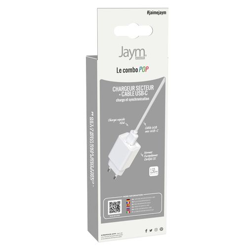 CHARGEUR SECTEUR USB-A + CABLE USB-A VERS USB-C 1.5M - BLANCS - JAYM® POP - 7