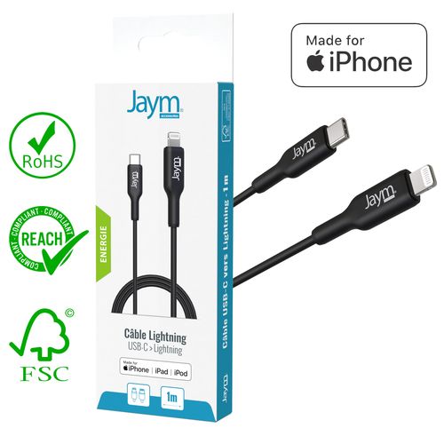 CABLE CHARGE  USB-C VERS LIGHTNING MFI PD 3.0 (30W) - LONGUEUR 1M - NOIR - - 2