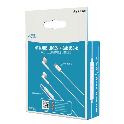 KIT PIETON ECOUTEURS CLASSIQUES TYPE-C + TELECOMMANDE + MICRO BLANC - JAYM® - 6