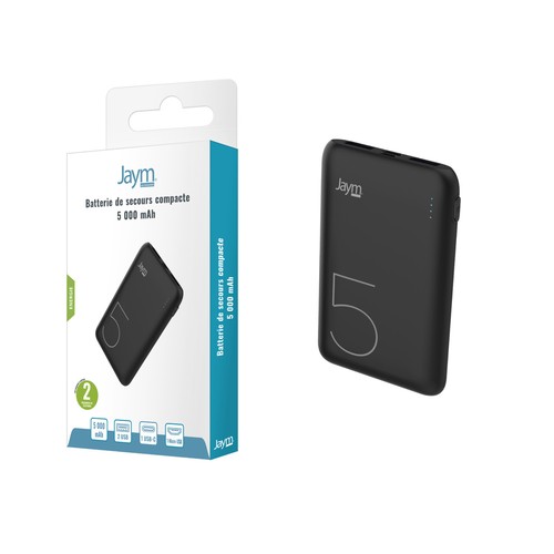 BATTERIE DE SECOURS 5.000 MAH 2 USB-A OUT + 1 USB-C IN + 1 MICRO-USB IN - NOIRE - JAYM - 2